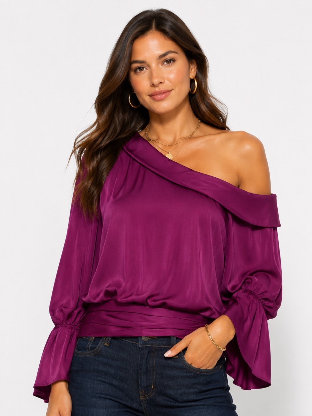 Ramy Brook Purple Satin Off-The-Shoulder Blouse – Size M